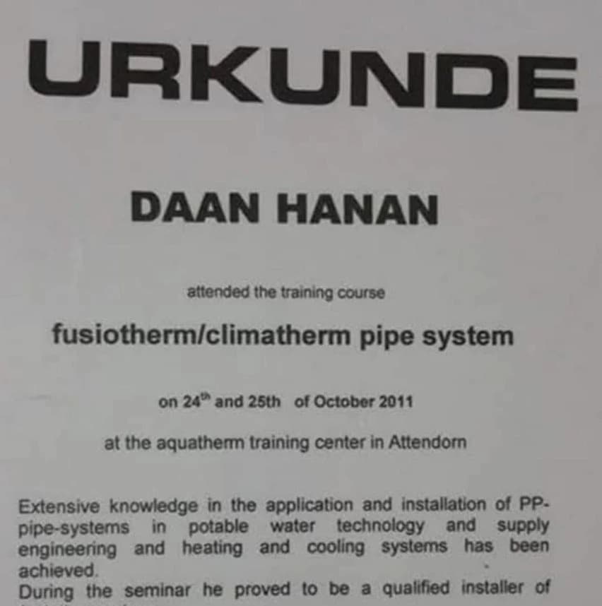 תעודת הכשרה של Aquatherm למערכות צנרת PP, בגרסה ציבורית מקוצרת